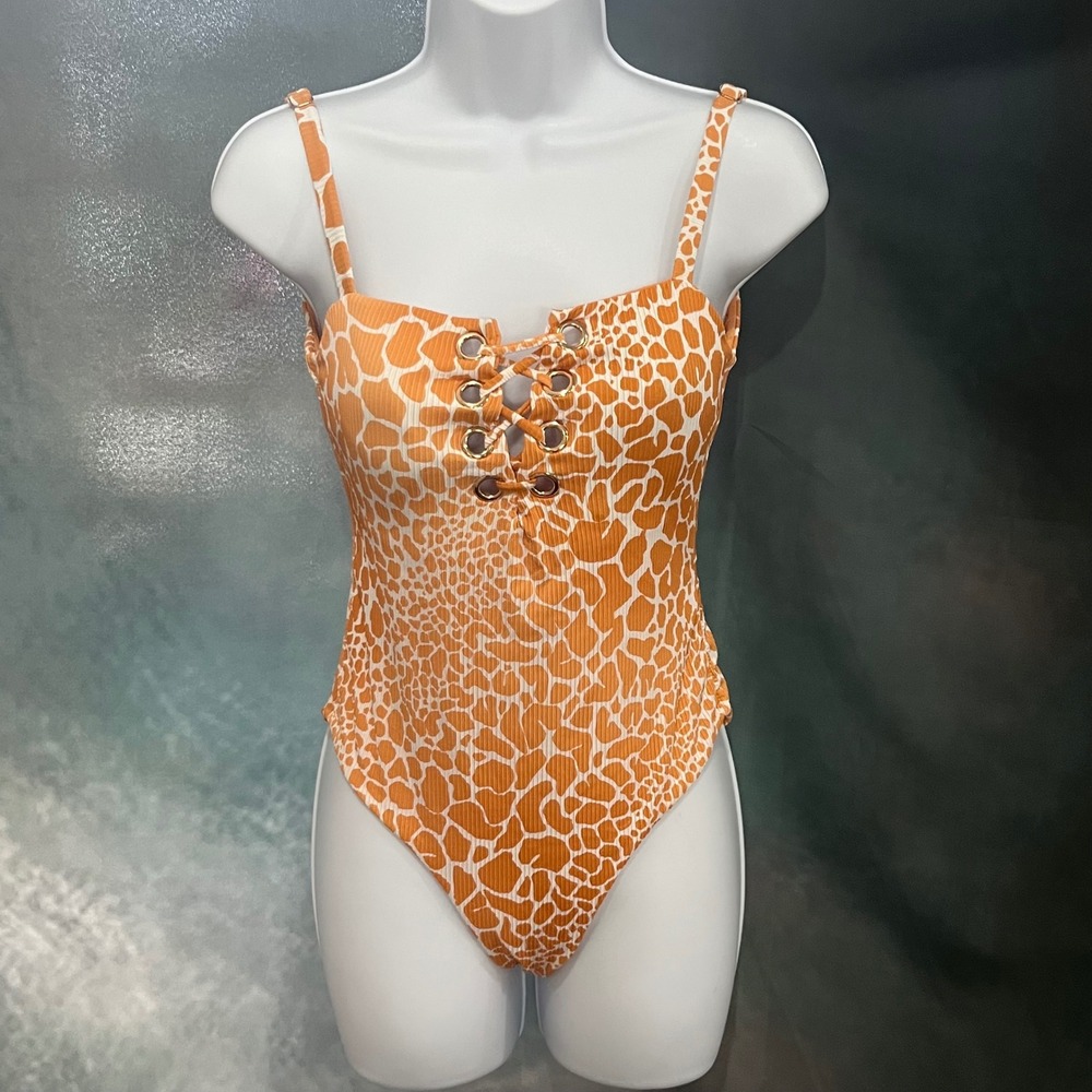 Tinibikini Orange Giraffe Ribbed Lace Up One Piece Swimsuit Medium RN 151671